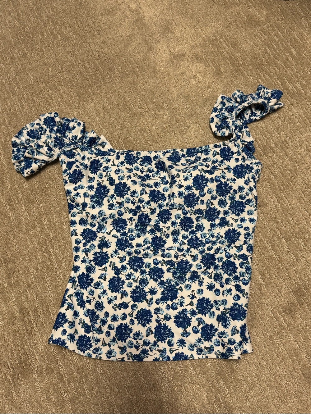 Albion Blue and White Floral Bikini Top with Ruffle Straps
